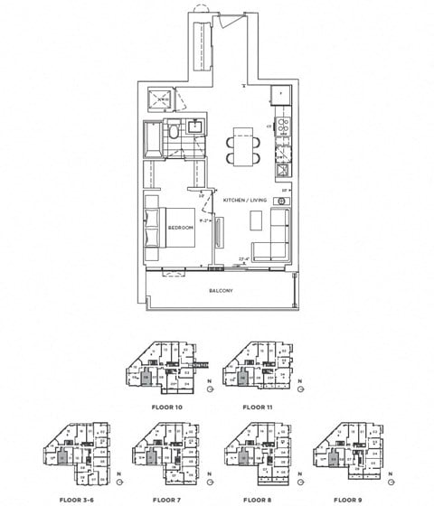 Floor plan for 1 bed, 1 bath, 570 sqft